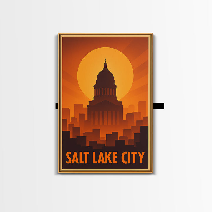 Salt Lake City Travel Poster, Framed Canvas Print, Warm Sunset Silhouette Art, Salt Lake City Travel Art, Home Office Decor, City Poster