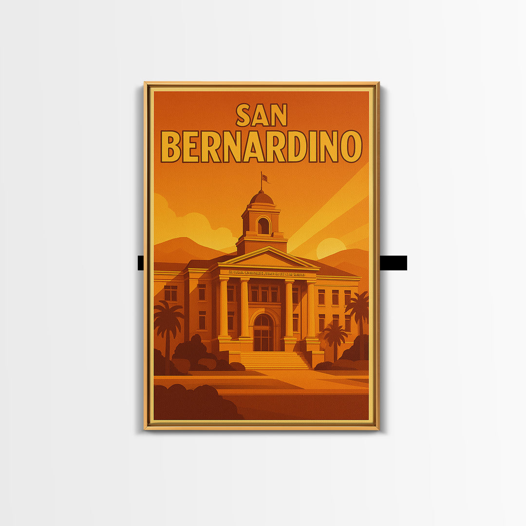 San Bernardino California Travel Poster, Canvas Print, Warm Sunset Silhouette Art, San Bernardino Wall Art, Vintage City Art