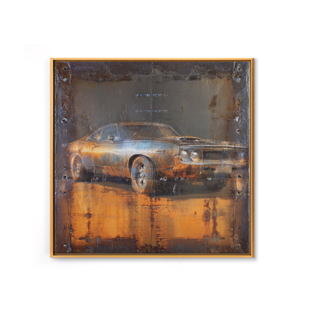 Desert Highway with Muscle Car Silhouette Framed Canvas Print, Garage Art, Garage Decor, Oil Painting, Motor, Art Print, GAR-1x1-21