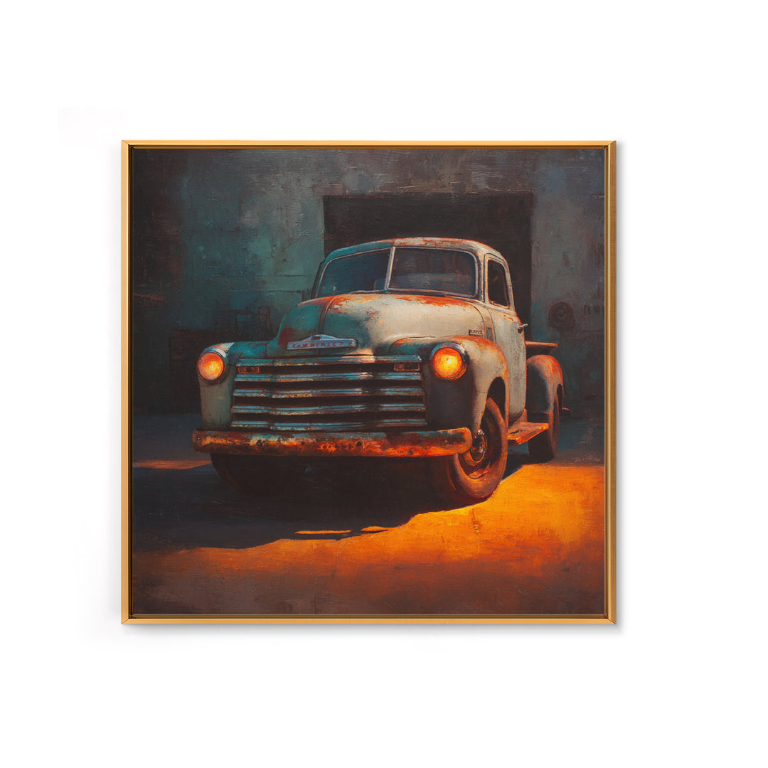Pickup Truck in Dusty Sunset Light Framed Canvas Print, Garage Art, Tattoo Art, Garage Decor, Oil Painting, Motor, GAR-1x1-37