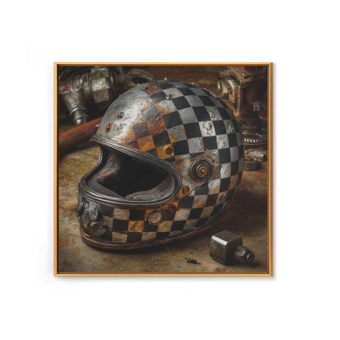 Racing Helmet with Checkered Flag Pattern Framed Canvas Print, Garage Art, Garage Art Pinup, Garage Decor, Fine Art, Motor, GAR-1x1-68