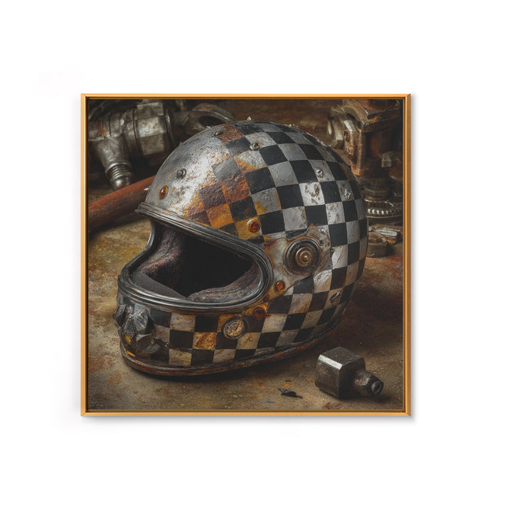 Racing Helmet with Checkered Flag Pattern Framed Canvas Print, Garage Art, Garage Art Pinup, Garage Decor, Fine Art, Motor, GAR-1x1-68