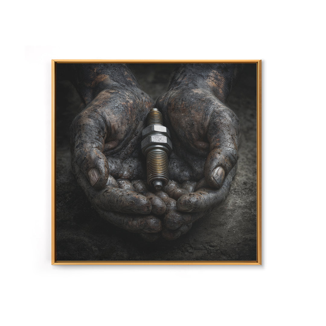 Mechanic Hands Holding a Spark Plug Framed Canvas Print, Garage Art, Gallery Decor, Garage Decor, Fine Art, Motor, GAR-1x1-78