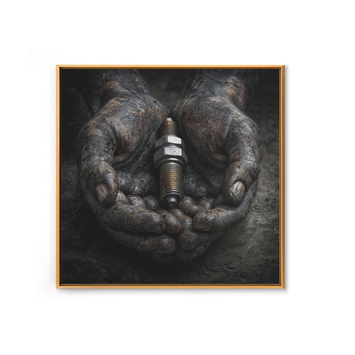 Mechanic Hands Holding a Spark Plug Framed Canvas Print, Garage Art, Gallery Decor, Garage Decor, Fine Art, Motor, GAR-1x1-78
