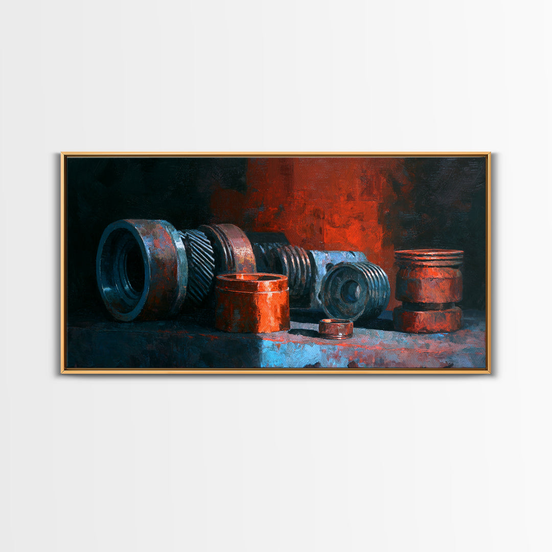 Camshaft and Gears Industrial Still Life Framed Canvas Print, Garage Art, Game Room Decor, Garage Decor, Fine Art, Motor, GAR-2x1-11