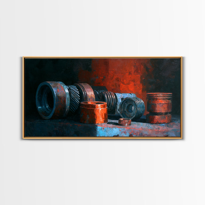 Camshaft and Gears Industrial Still Life Framed Canvas Print, Garage Art, Game Room Decor, Garage Decor, Fine Art, Motor, GAR-2x1-11