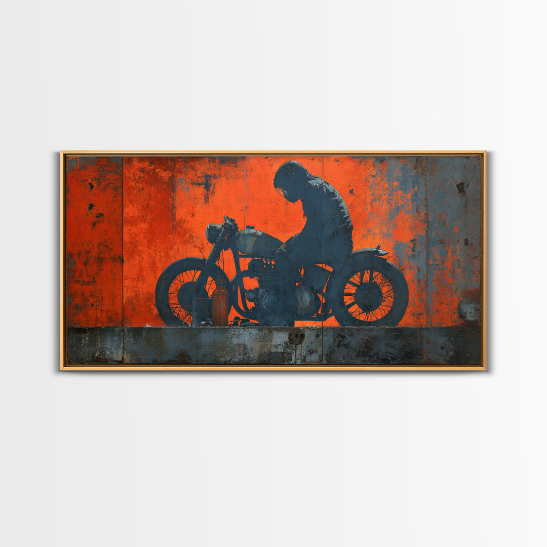 Motorcycle Rider Silhouette Framed Canvas Print, Garage Art, Statement Artwork, Garage Decor, Fine Art, Motor, Wall Decor, GAR-2x1-20