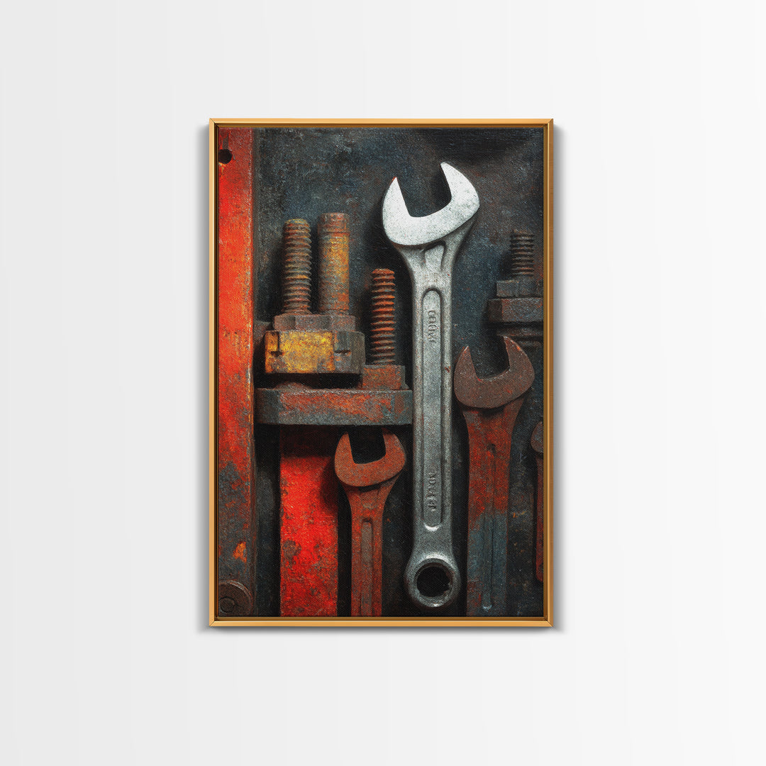 Wrench and Bolts Arranged Like Old Master Framed Canvas Print, Garage Art, Boho Decor, Garage Decor, Abstract Art, Motor, GAR-2x3-2