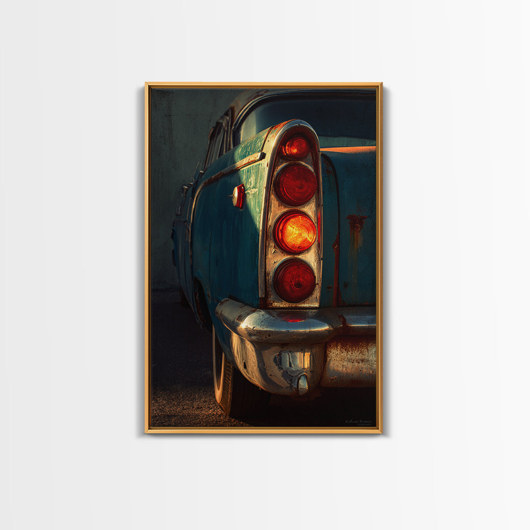 Classic Car Tail Lights Glowing at Dusk Framed Canvas Print, Garage Art, Automotive Decor, Garage Decor, Fine Art, Motor, GAR-2x3-24