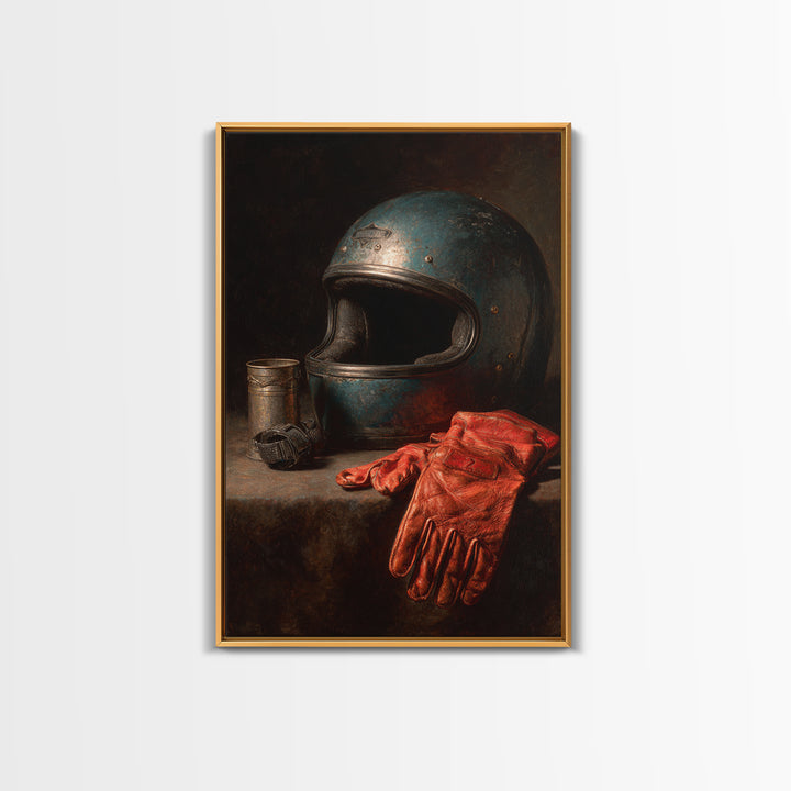 Motorcycle Helmet and Leather Gloves Still Life Canvas Print, Garage Art, Canvas Print, Garage Decor, Fine Art, Motor, GAR-2x3-65