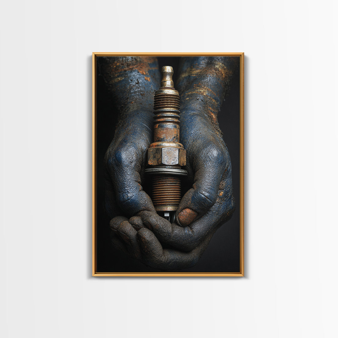 Mechanic Hands Holding a Spark Plug Canvas Print, Garage Art, Garage Decor, Abstract Art, Motor, Game Room Decor, GAR-2x3-86