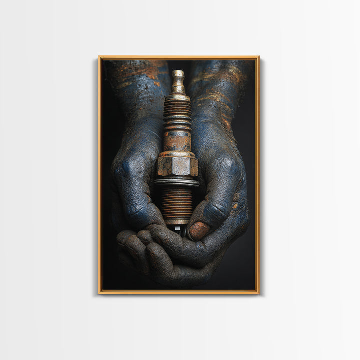 Mechanic Hands Holding a Spark Plug Canvas Print, Garage Art, Garage Decor, Abstract Art, Motor, Game Room Decor, GAR-2x3-86