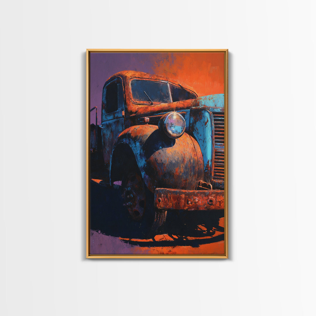 Pickup Truck in Dusty Sunset Light Framed Canvas Print, Garage Art, Metal Art, Garage Decor, Motor, Garage Art Poster Download, GAR-2x3-93