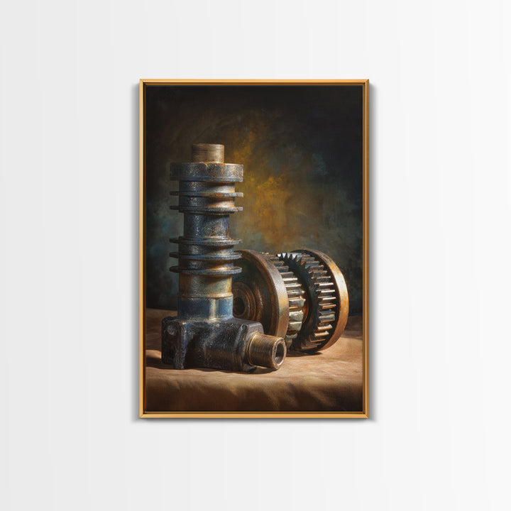 Camshaft and Gears Industrial Still Life Canvas Print, Garage Art, Garage, Garage Decor, Oil Painting, Motor, Tattoo Art, GAR-2x3-95