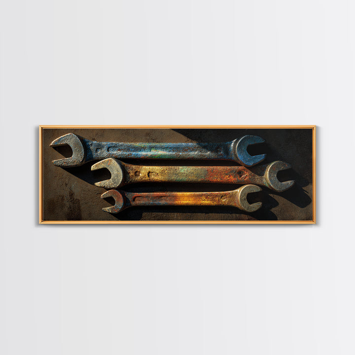 Wrench and Bolts Arranged Like Old Master Framed Canvas Print, Garage Art, Home Decor, Garage Decor, Fine Art, Motor, GAR-3x1-10