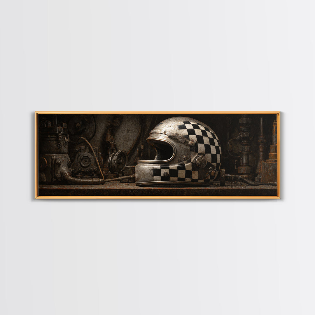 Racing Helmet with Checkered Flag Pattern Framed Canvas Print, Garage Art, Automotive Decor, Garage Decor, Fine Art, Motor, GAR-3x1-12