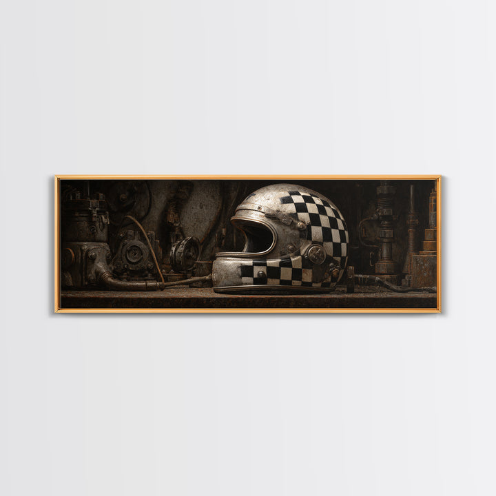 Racing Helmet with Checkered Flag Pattern Framed Canvas Print, Garage Art, Automotive Decor, Garage Decor, Fine Art, Motor, GAR-3x1-12