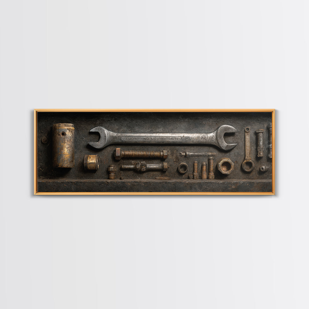 Wrench and Bolts Arranged Like Old Master Canvas Print, Garage Art, Canvas Wall Art, Garage Decor, Abstract Art, Motor, GAR-3x1-34