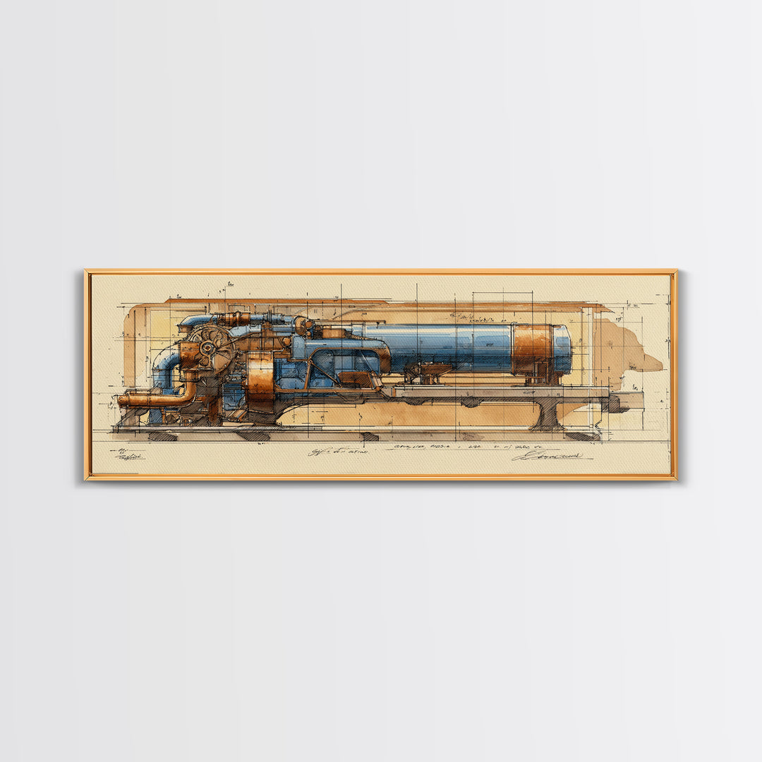 Engine Blueprint Technical Drawing Framed Canvas Print, Garage Art, Decor, Garage Decor, Fine Art, Motor, Car Wall Art, GAR-3x1-51