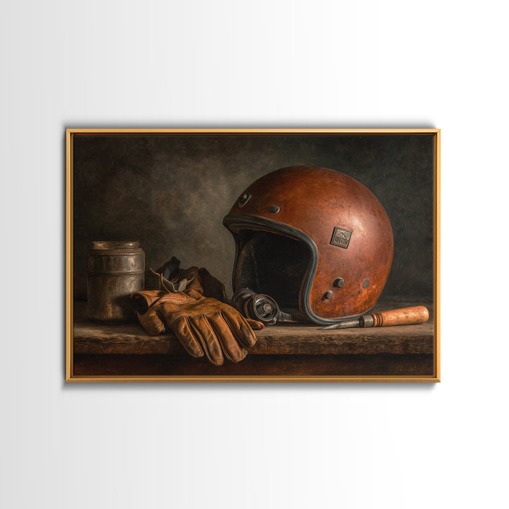 Motorcycle Helmet and Leather Gloves Still Life Canvas Print, Garage Art, Black and White Art, Garage Decor, Motor, Boho Decor, GAR-3x2-13