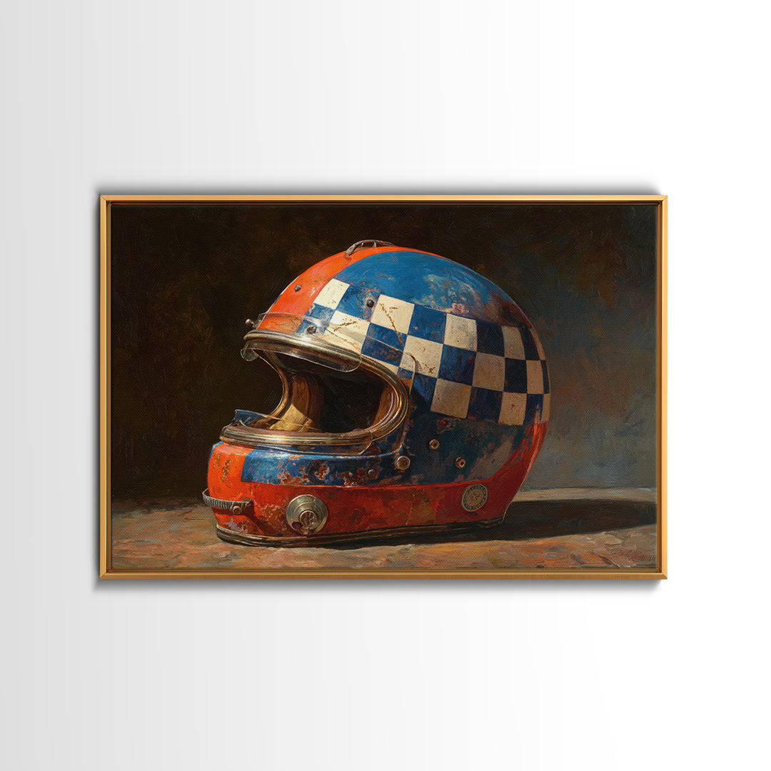 Racing Helmet with Checkered Flag Pattern Framed Canvas Print, Garage Art, Black and White Art, Garage Decor, Fine Art, Motor, GAR-3x2-24