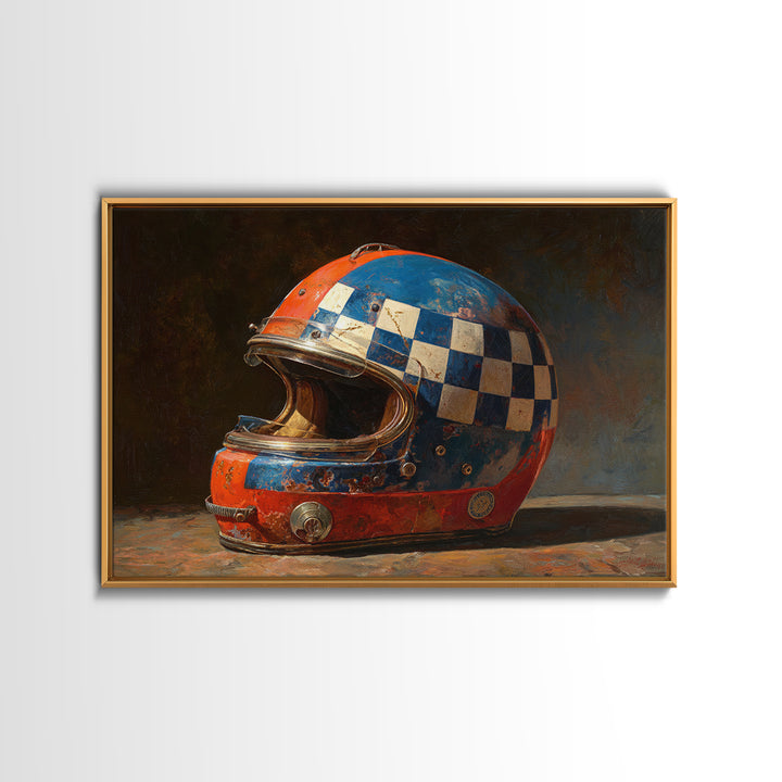 Racing Helmet with Checkered Flag Pattern Framed Canvas Print, Garage Art, Black and White Art, Garage Decor, Fine Art, Motor, GAR-3x2-24