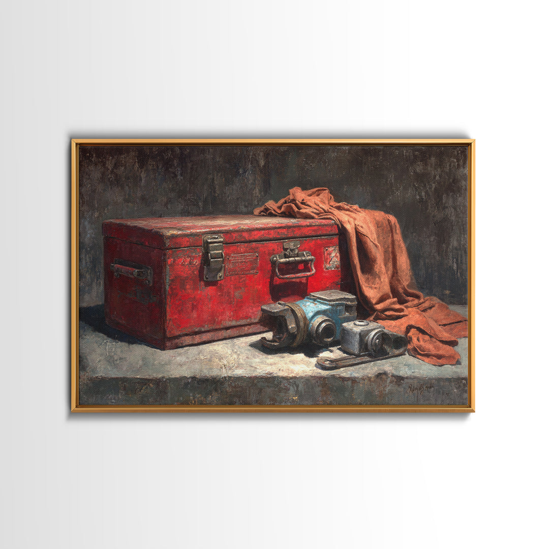 Old Toolbox with Oil Stained Rag Still Framed Canvas Print, Garage Art, Automotive Decor, Garage Decor, Fine Art, Motor, GAR-3x2-31