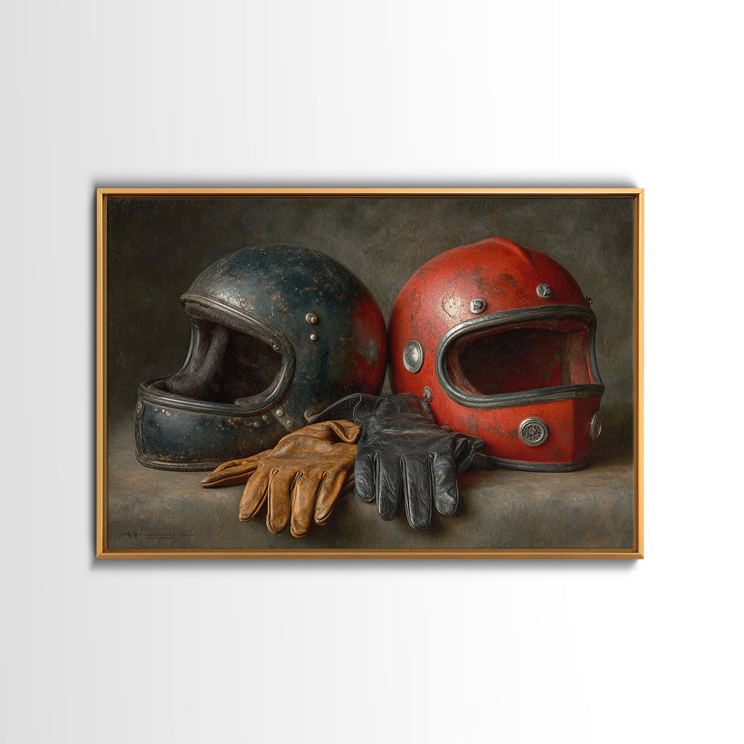 Motorcycle Helmet and Leather Gloves Still Life Canvas Print, Garage Art, Game Room Art, Garage Decor, Oil Painting, Motor, GAR-3x2-37