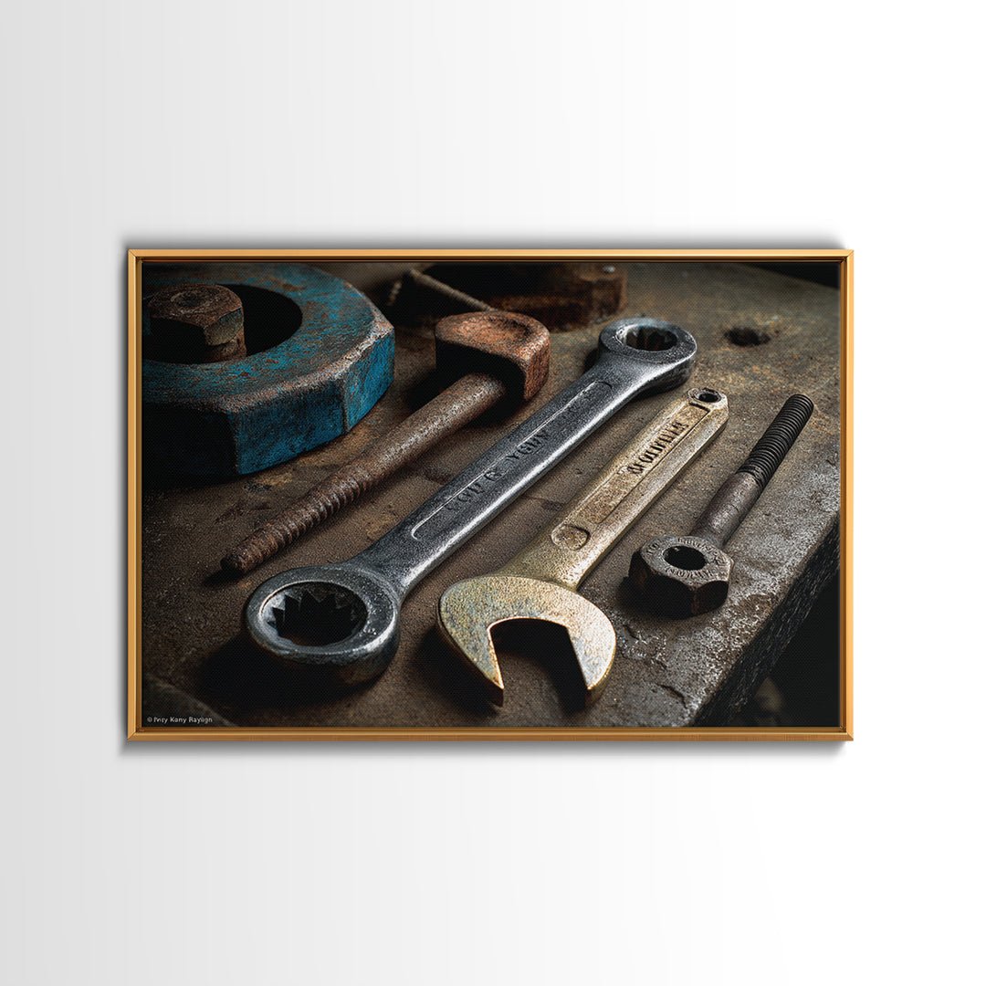 Wrench and Bolts Arranged Like Old Master Framed Canvas Print, Garage Art, Car Art, Garage Decor, Motor, Garage Art Poster, GAR-3x2-70