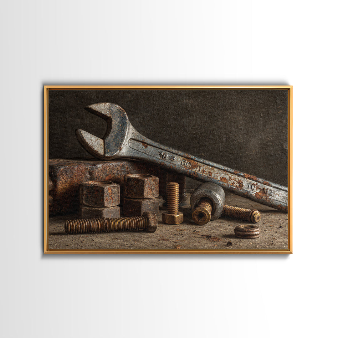 Wrench and Bolts Arranged Like Old Master Canvas Print, Garage Art, Industrial Wall Art, Garage Decor, Abstract Art, Motor, GAR-3x2-94