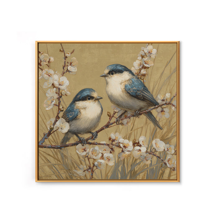 Small Bird Pair on Flowering Branch Framed Canvas Print, Guest Bedroom Art, Living Room Wall Art, Bedroom Decor, Watercolor Art, GBA-1x1-52