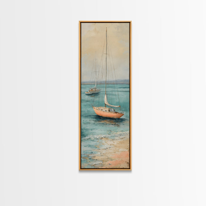 Soft Watercolor Sailboat on Quiet Water Framed Canvas Print, Guest Bedroom Art, Funky Wall Art, Bedroom Decor, Oil Painting, GBA-1x3-30