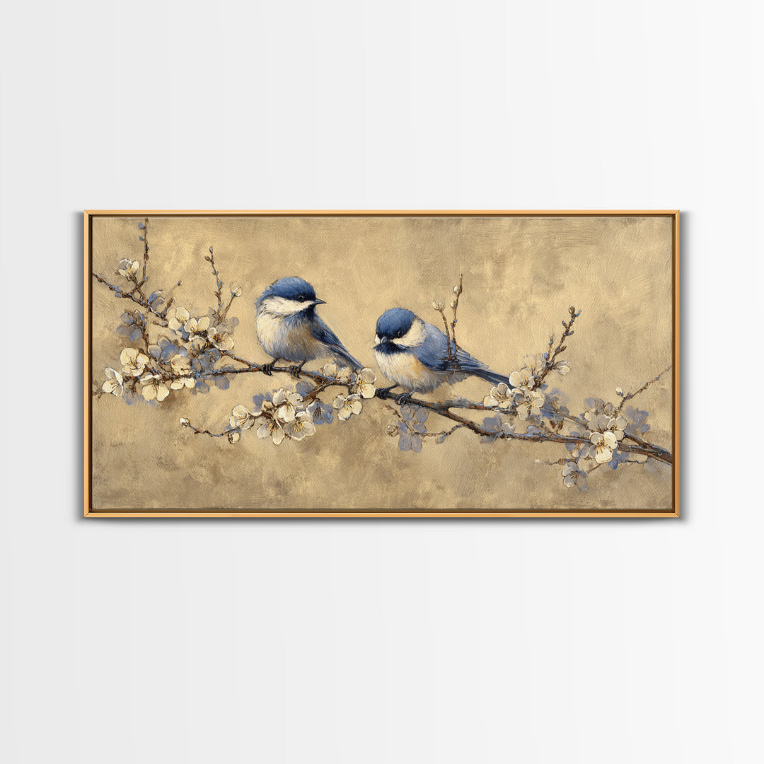 Small Bird Pair on Flowering Branch Framed Canvas Print, Guest Bedroom Art, Bedroom Decor, Oil Painting, Guest, GBA-2x1-24