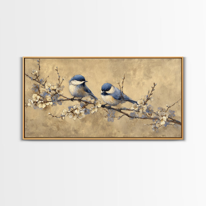 Small Bird Pair on Flowering Branch Framed Canvas Print, Guest Bedroom Art, Bedroom Decor, Oil Painting, Guest, GBA-2x1-24