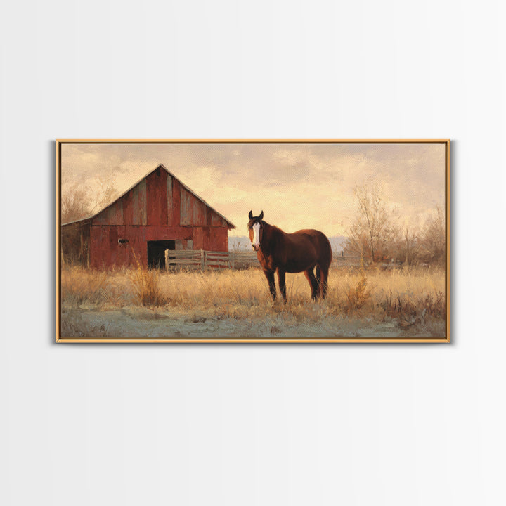 Quiet Horse Pasture at Sunset Framed Canvas Print, Guest Bedroom Art, Prints, Bedroom Decor, Abstract Art, Guest 165, GBA-2x1-65