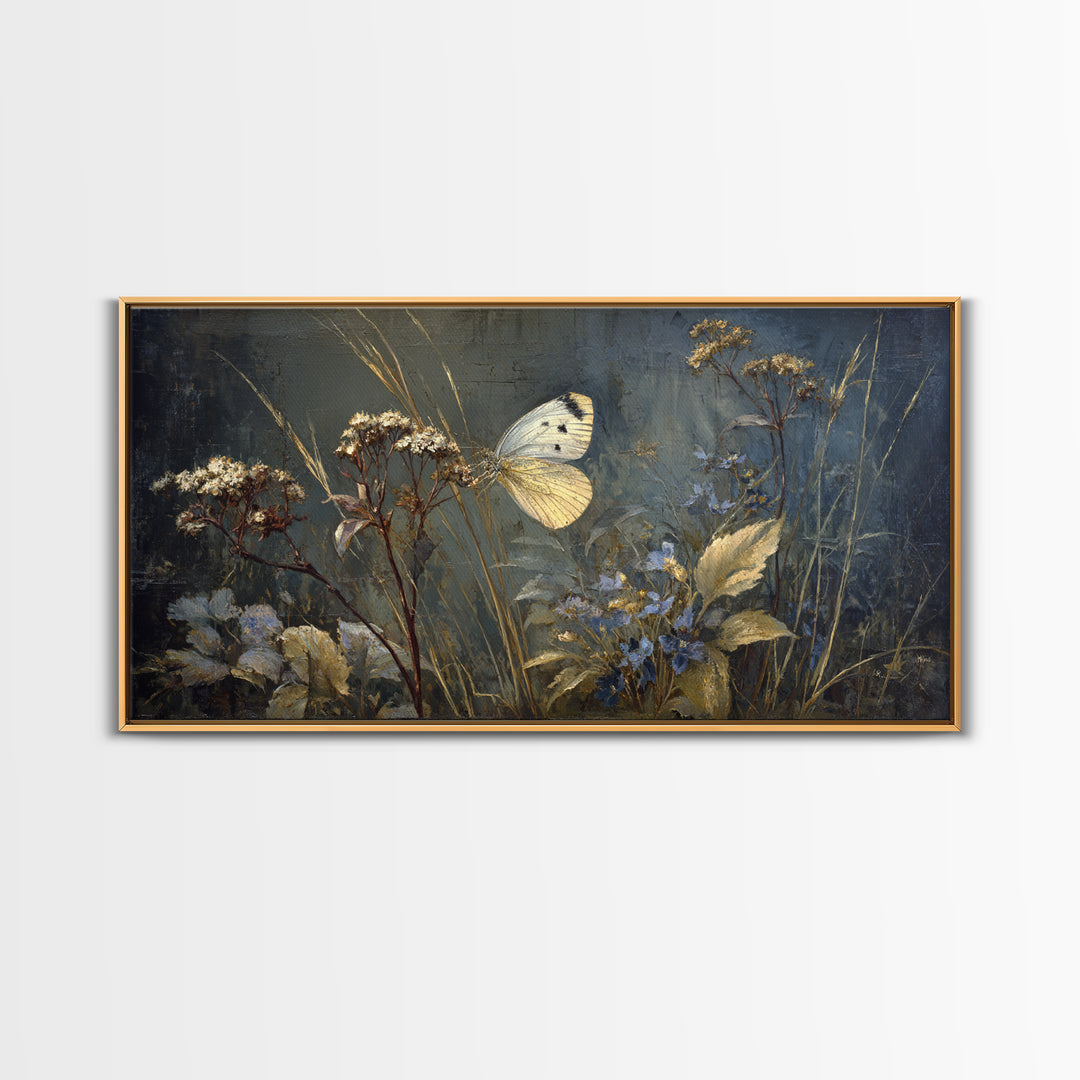 Garden Butterfly and Flowers Specimen Study Framed Canvas Print, Guest Bedroom Art, Farmhouse Wall Art, Bedroom Decor, Guest, GBA-2x1-67