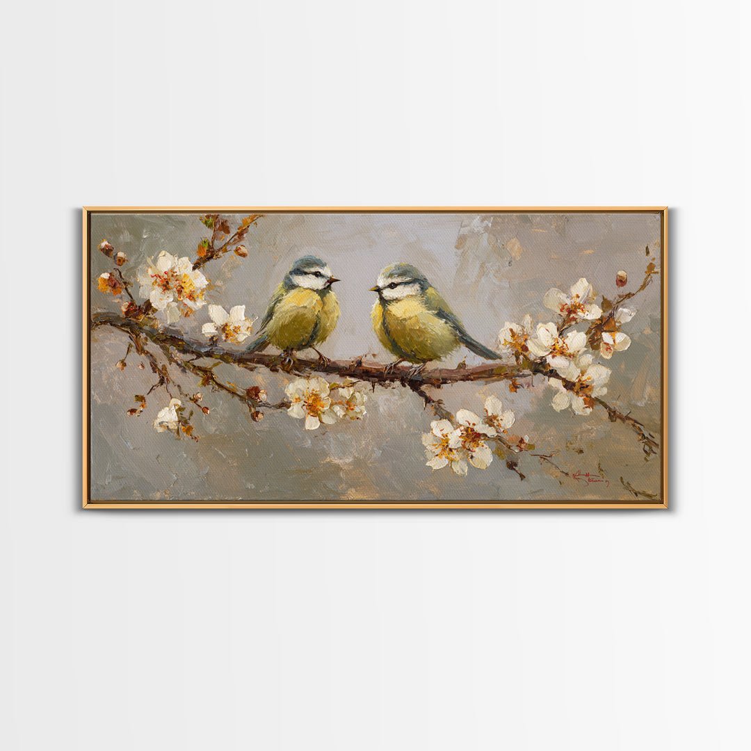 Small Bird Pair on Flowering Branch Framed Canvas Print, Guest Bedroom Art, Bedroom Decor, Watercolor Art, Guest, GBA-2x1-72