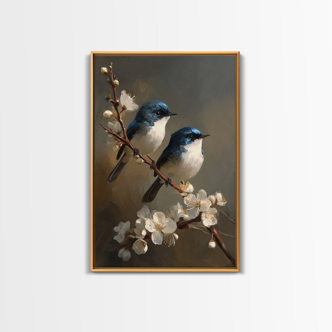 Small Bird Pair on Flowering Branch Framed Canvas Print, Guest Bedroom Art, Minimalist Decor, Bedroom Decor, Fine Art, Guest, GBA-2x3-12
