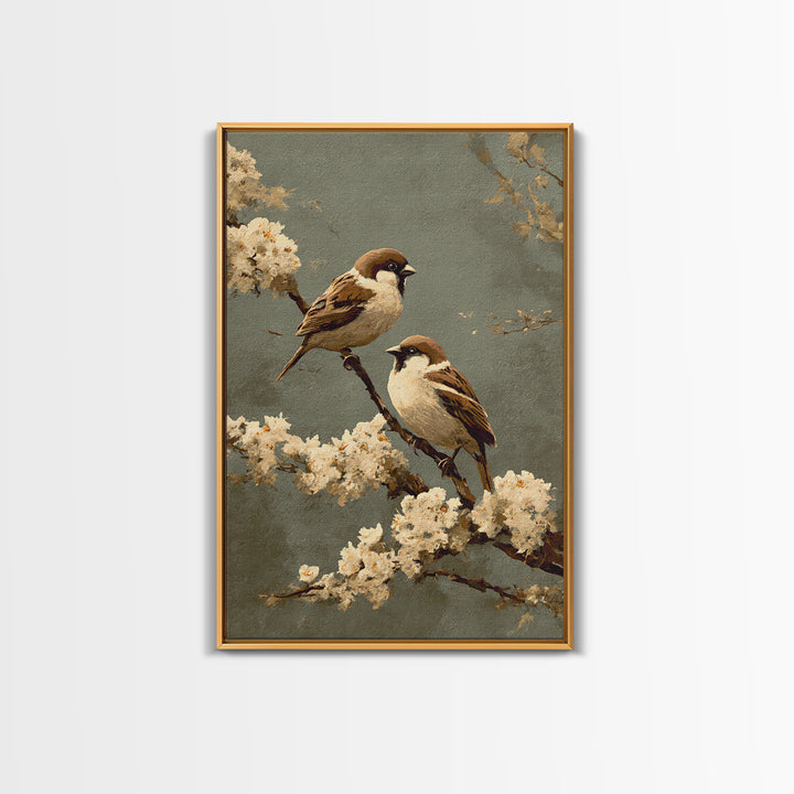 Small Bird Pair on Flowering Branch Framed Canvas Print, Guest Bedroom Art, Wall Art, Bedroom Decor, Watercolor Art, Guest, GBA-2x3-60