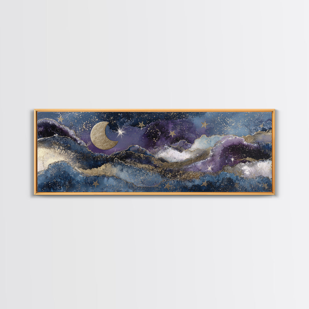 Minimal Moon and Stars Composition Framed Canvas Print, Guest Bedroom Art, New Home, Bedroom Decor, Watercolor Art, Guest, GBA-3x1-32