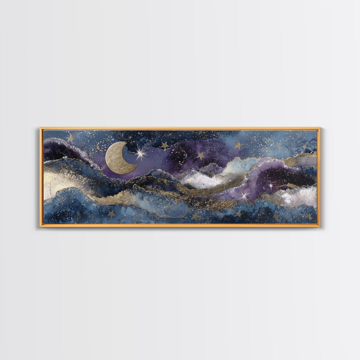 Minimal Moon and Stars Composition Framed Canvas Print, Guest Bedroom Art, New Home, Bedroom Decor, Watercolor Art, Guest, GBA-3x1-32