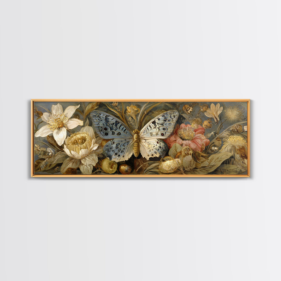 Garden Butterfly and Flowers Specimen Study Canvas Print, Guest Bedroom Art, Fine Art Print, Bedroom Decor, Oil Painting, Guest, GBA-3x1-39