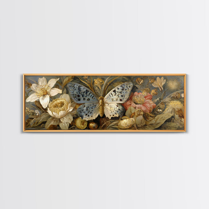 Garden Butterfly and Flowers Specimen Study Canvas Print, Guest Bedroom Art, Fine Art Print, Bedroom Decor, Oil Painting, Guest, GBA-3x1-39