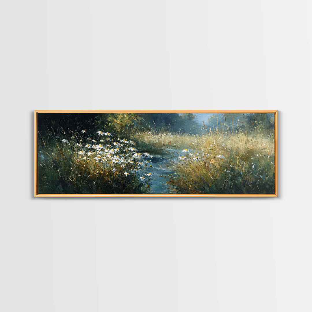 Sunlit Meadow with Delicate Flowers Framed Canvas Print, Guest Bedroom Art, Bedroom Decor, Oil Painting, Guest, GBA-3x1-55