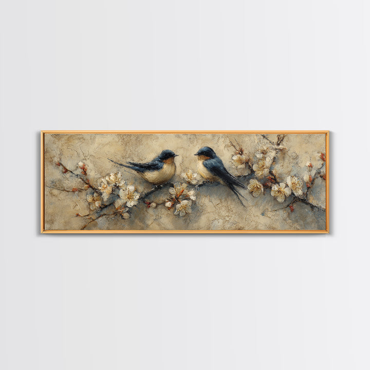 Small Bird Pair on Flowering Branch Framed Canvas Print, Guest Bedroom Art, Contemporary Art, Bedroom Decor, Fine Art, Guest, GBA-3x1-68