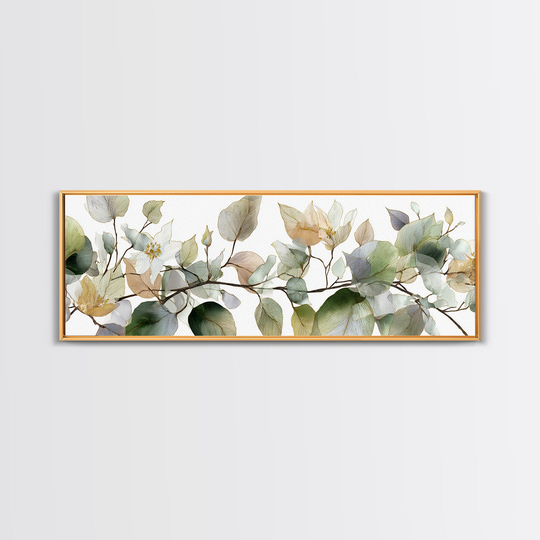 Calming Eucalyptus Watercolor Branches Framed Canvas Print, Guest Bedroom Art, Pink Wall Art, Bedroom Decor, Fine Art, Guest, GBA-3x1-74