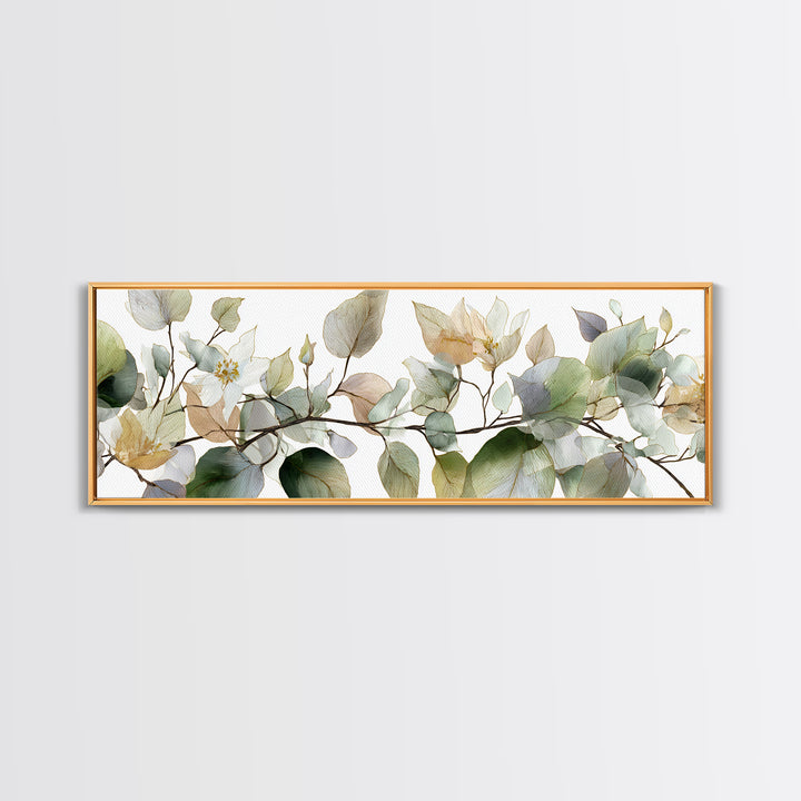 Calming Eucalyptus Watercolor Branches Framed Canvas Print, Guest Bedroom Art, Pink Wall Art, Bedroom Decor, Fine Art, Guest, GBA-3x1-74