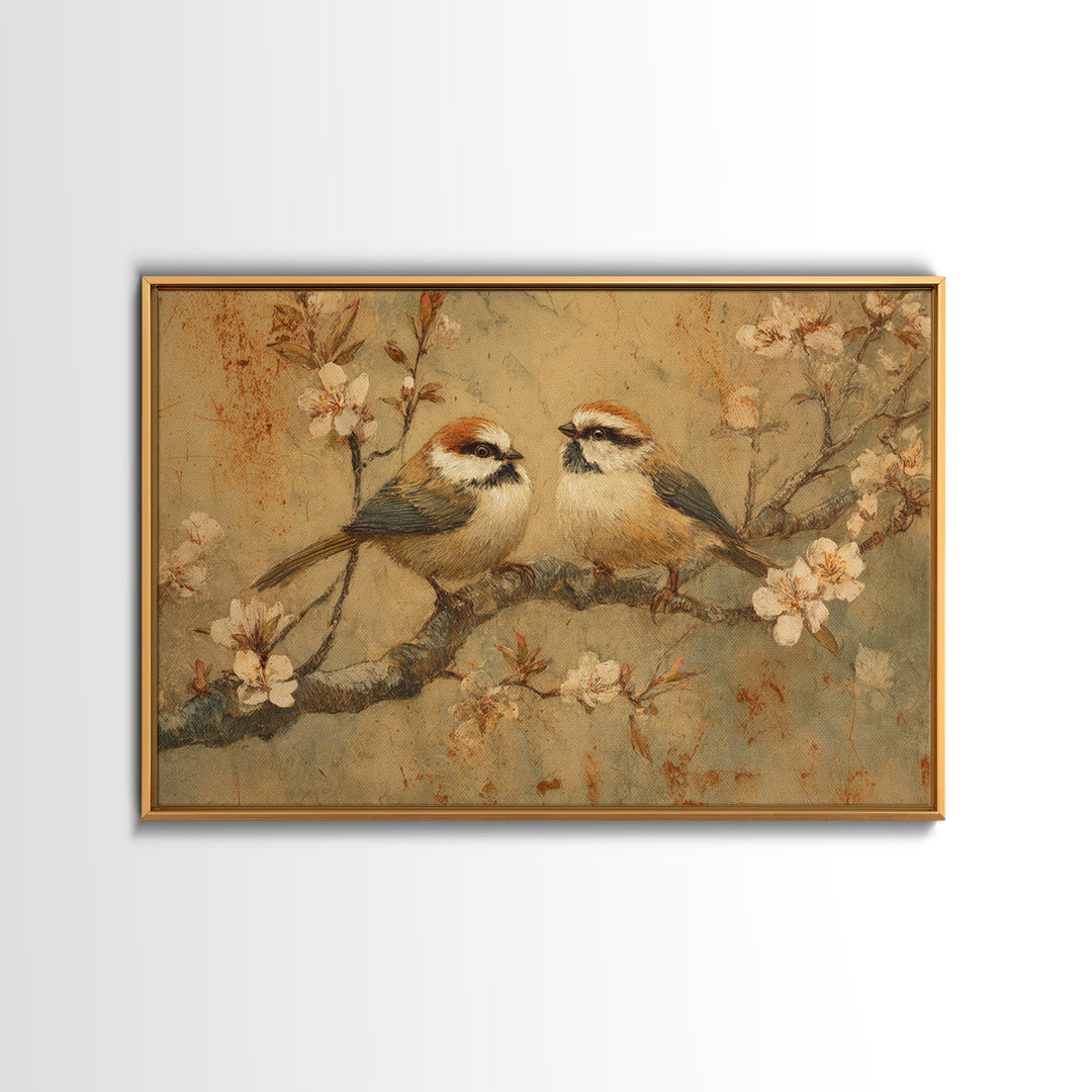 Small Bird Pair on Flowering Branch Framed Canvas Print, Guest Bedroom Art, Statement Artwork, Bedroom Decor, Fine Art, Guest, GBA-3x2-80