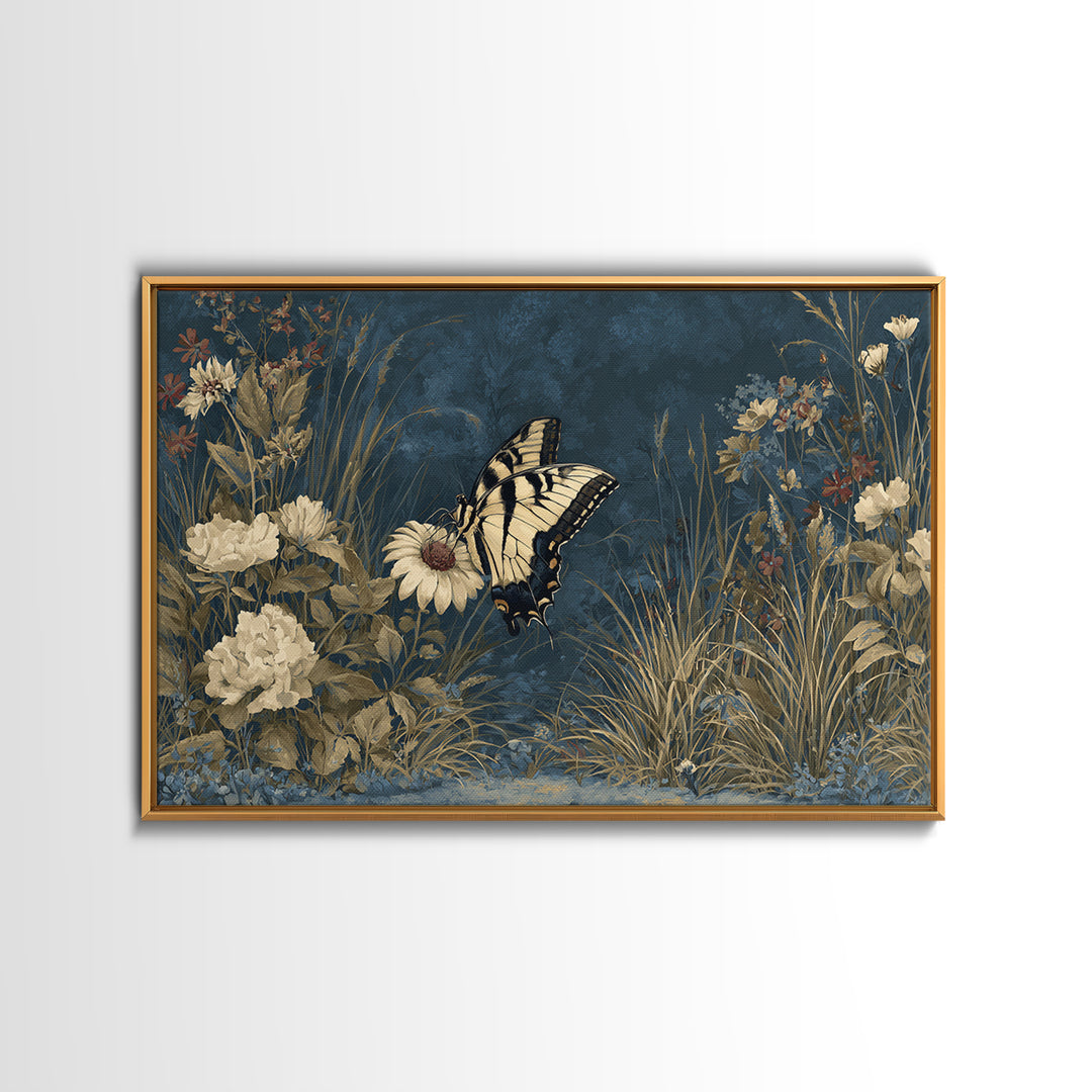 Garden Butterfly and Flowers Specimen Study Framed Canvas Print, Guest Bedroom Art, Minimalist Decor, Bedroom Decor, Guest, GBA-3x2-99