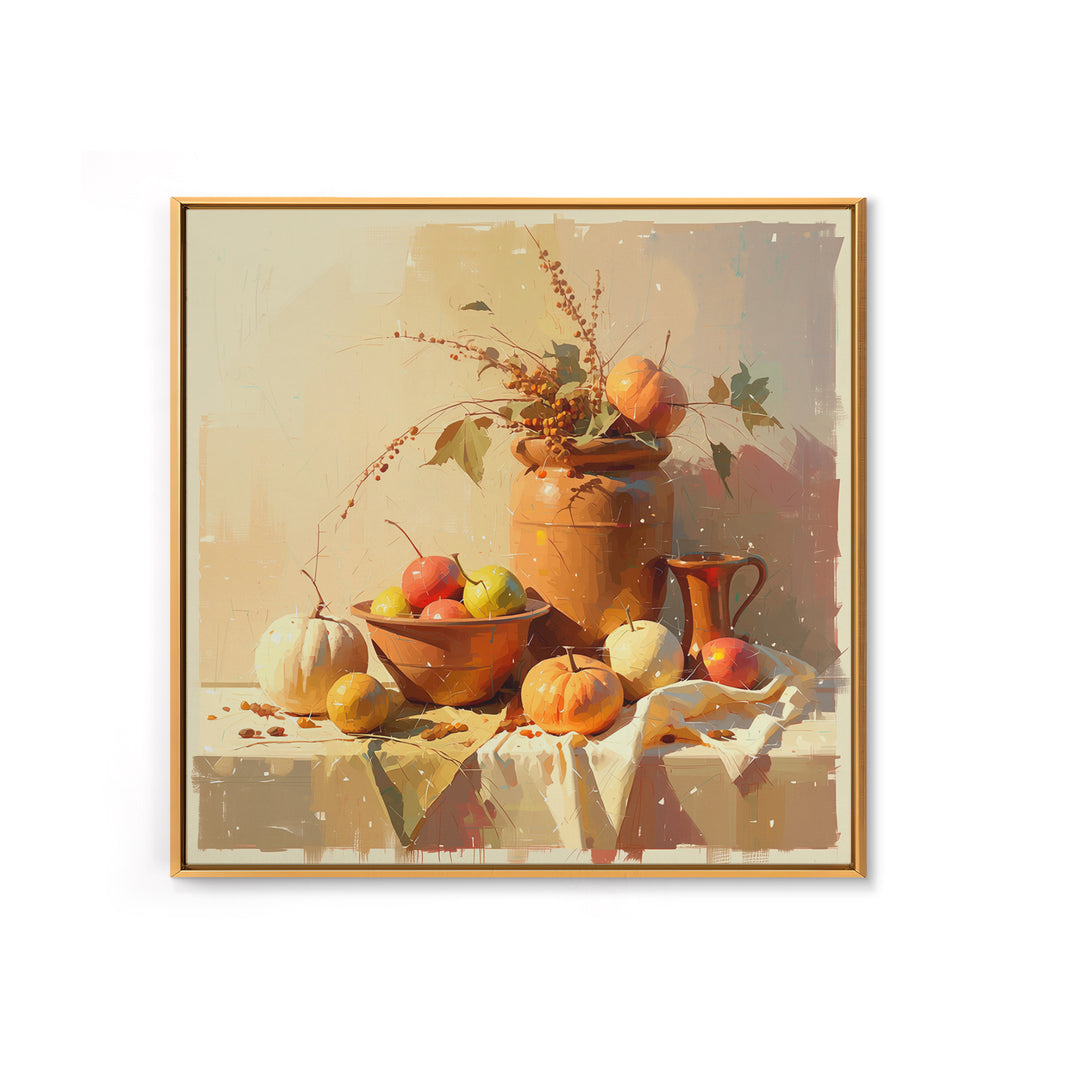 Simple Still Life of Fruit and Linen Framed Canvas Print, General Fine Art, Wall Art Prints, Living Room Decor, Abstract Art, GEN-1x1-16